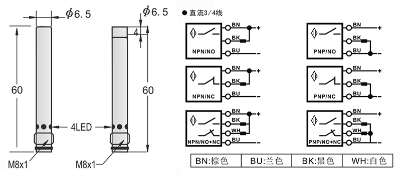 6.5-M8 60mm圓柱標準型接近開關出線式